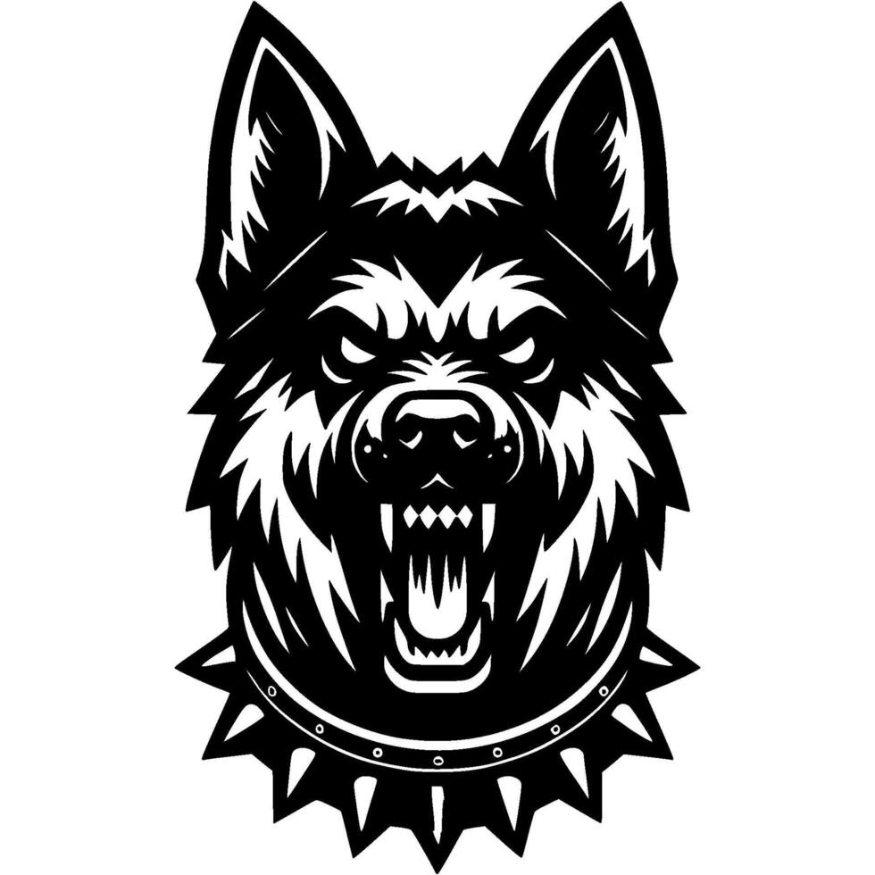 Tattoo of angry roaring German shepherd dog head in monochrome. German shepherd dog in madness. Engraving minimalistic in black ink drawing on white background vector