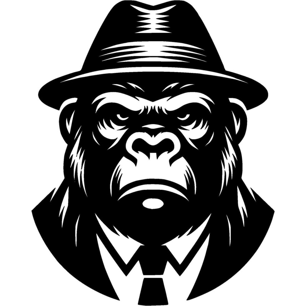 Tattoo of portrait of gorilla in black suit and hat head in monochrome. Bandit wanted. Engraving minimalistic in black ink drawing on white background vector