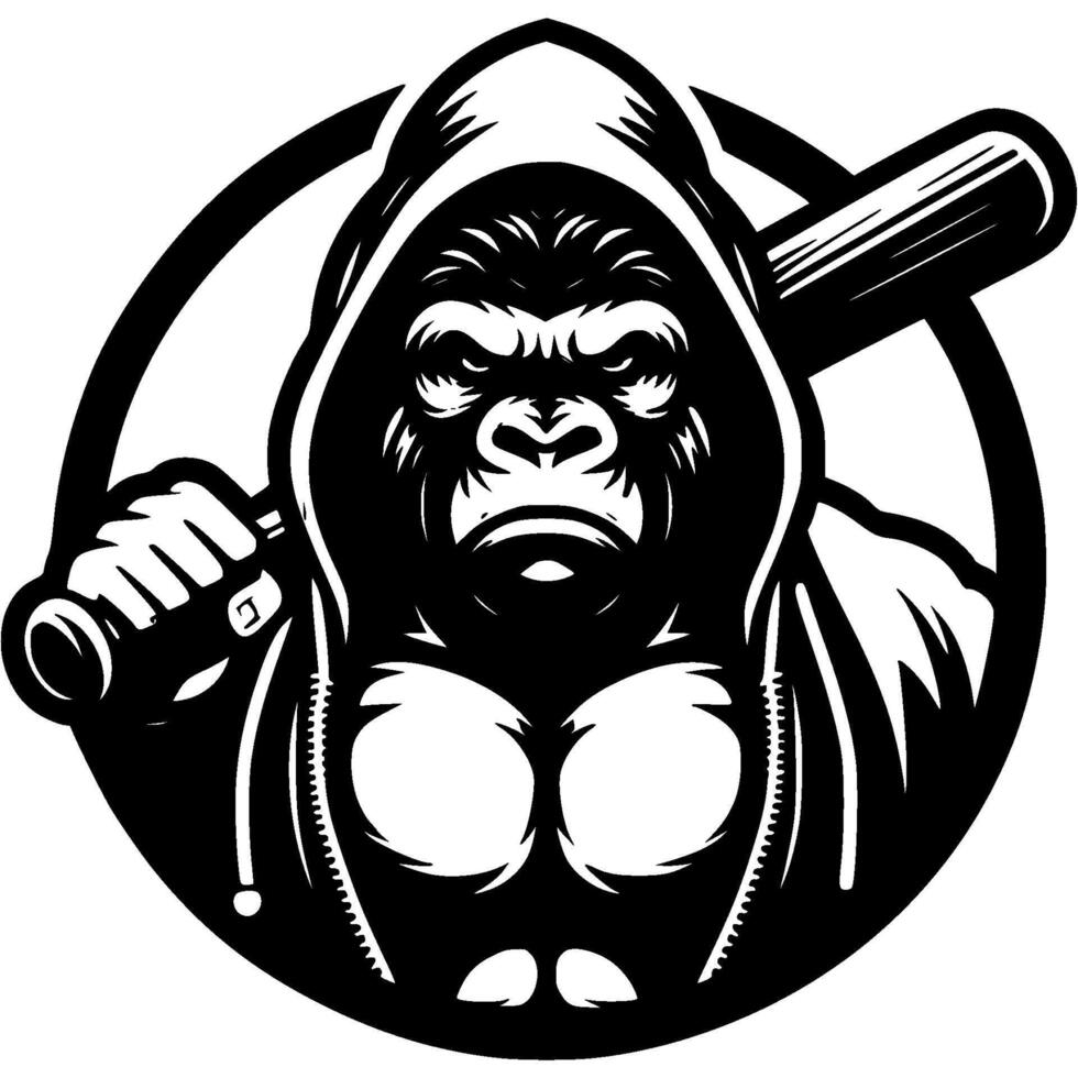 Tattoo of gorilla street gangster in monochrome. Orangutan fighter with baseball bat on shoulder. Engraving minimalistic in black ink drawing on white background vector