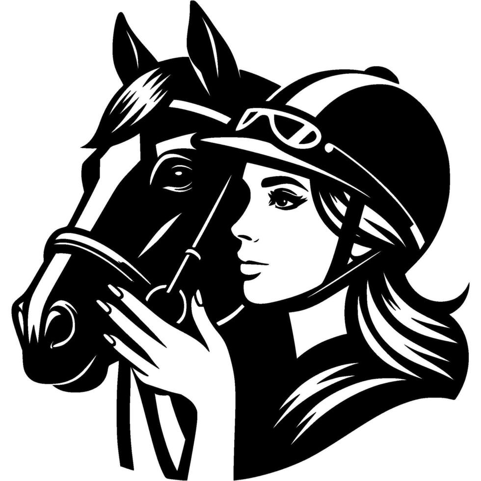 Tattoo emblem of portrait of jockey girl and pet horse in monochrome. Engraving minimalistic in black ink drawing on white background vector