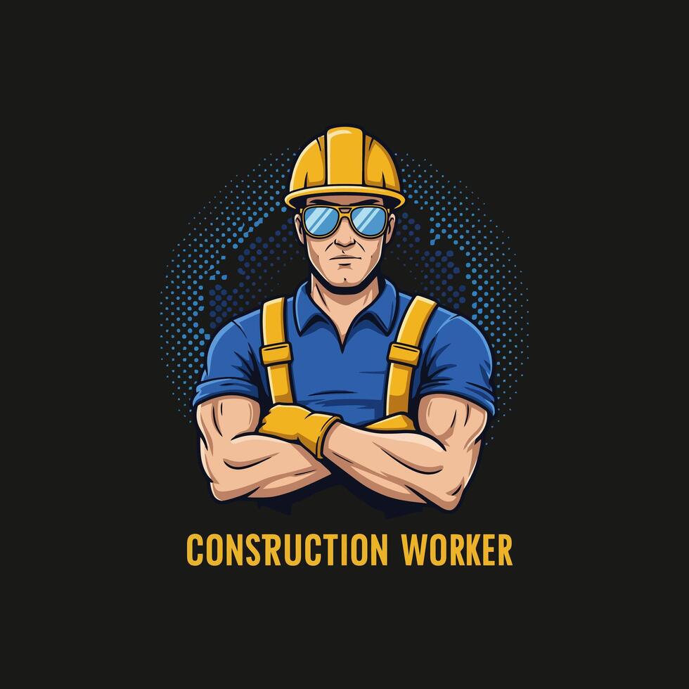 A powerful construction worker, arms crossed, confidently stares ahead. He wears a yellow hardhat, blue shirt, and protective gloves. The retro style creates a strong and reliable image. vector