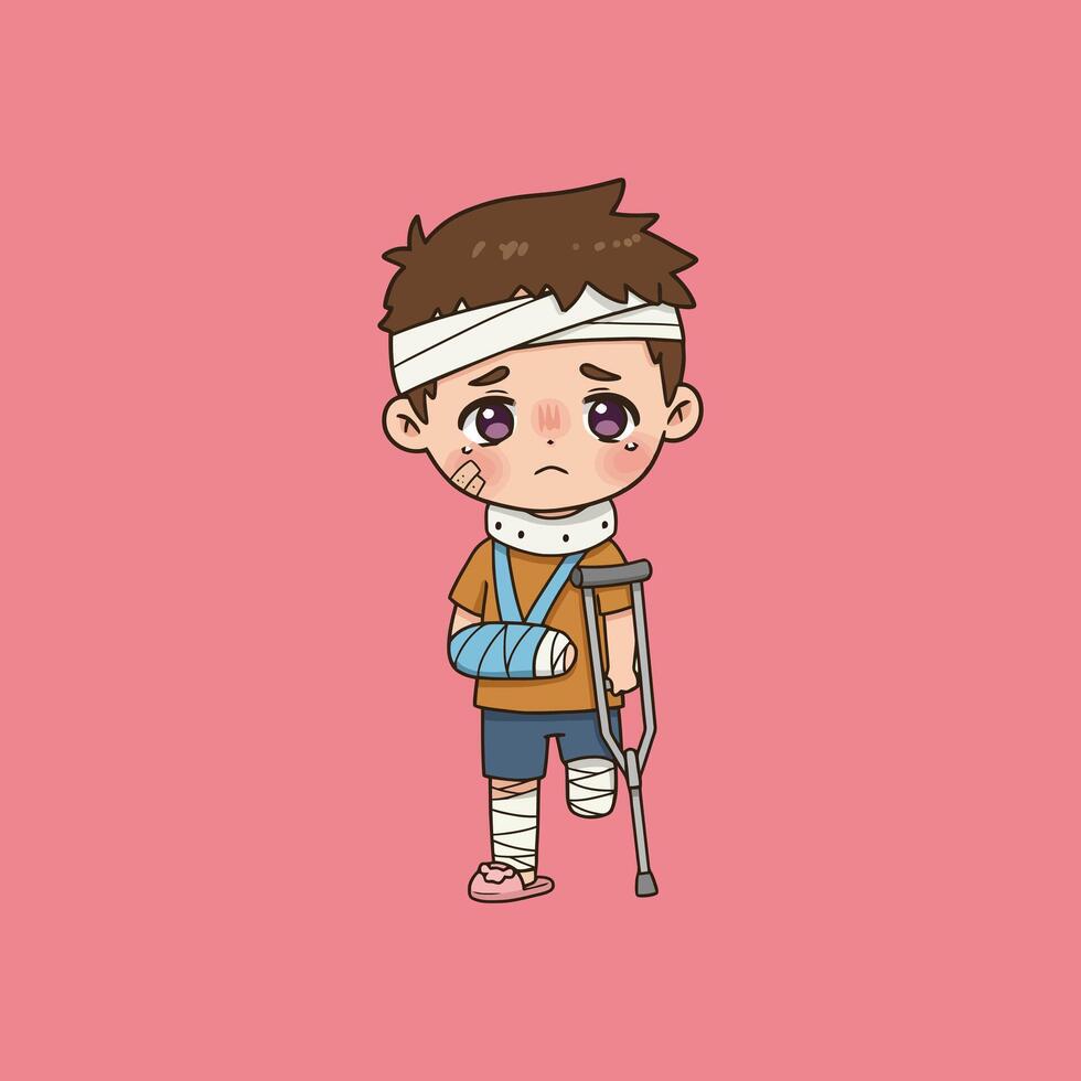 Sad Injured Boy Cartoon Illustration with Cast and Crutches vector