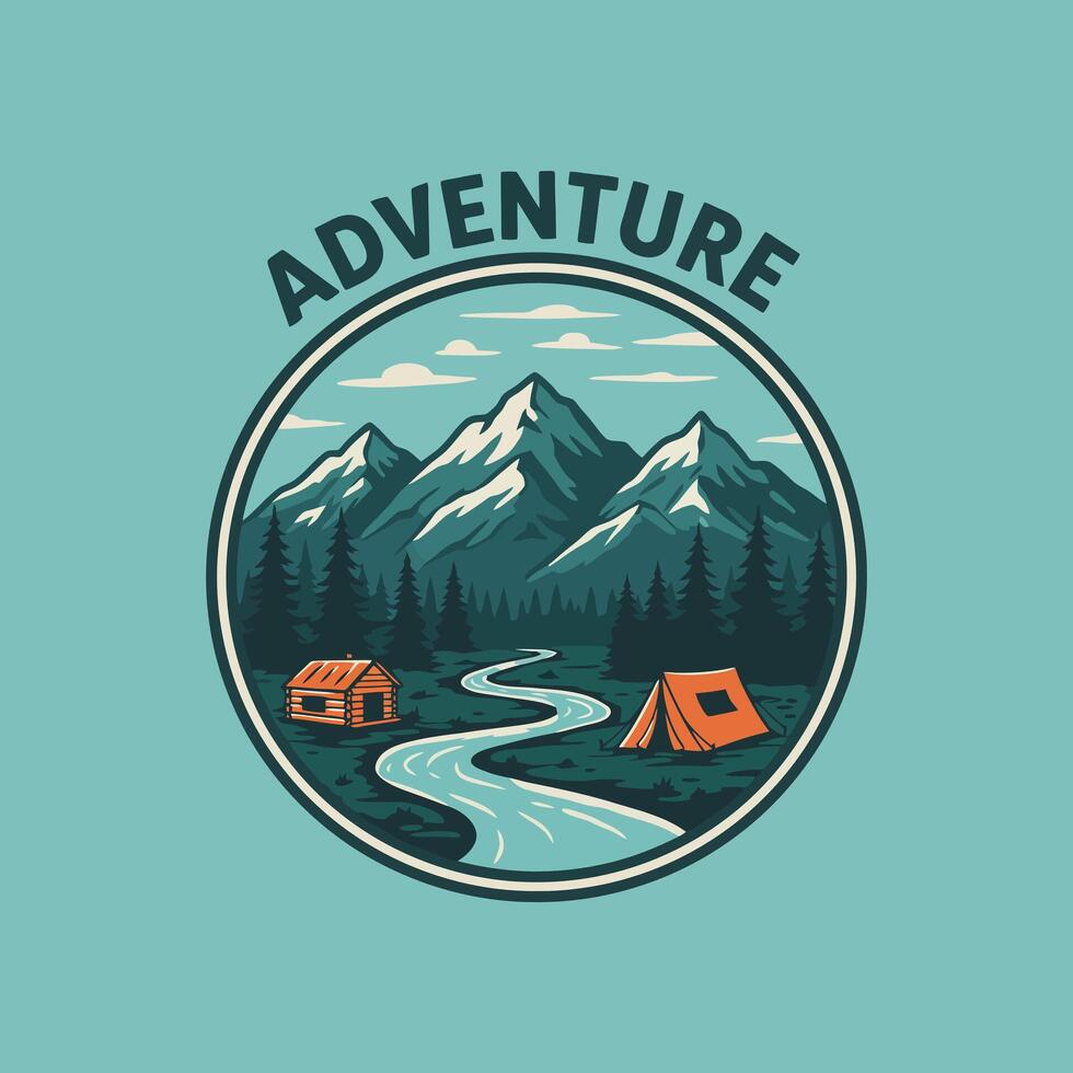 A circular emblem depicts a tranquil mountain scene with a cabin, tent, and winding river, ideal for adventure tourism. vector
