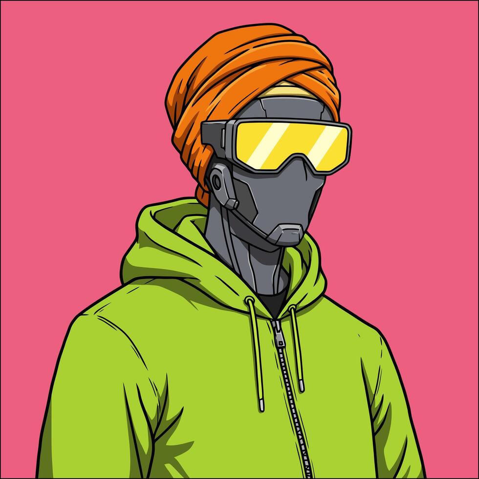 Robotic Figure in Lime Hoodie and Orange Turban A Pop Art Portrait vector