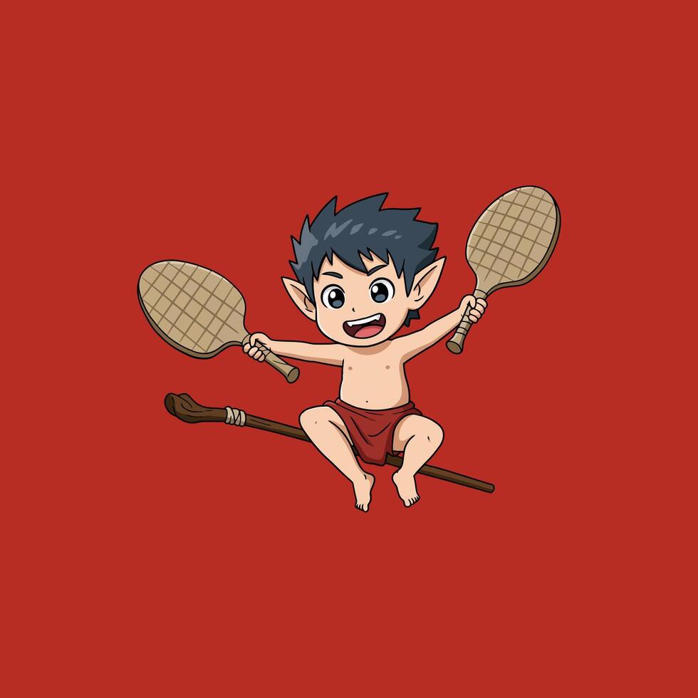 Cute Cartoon Elf Boy Flying with Paddles vector