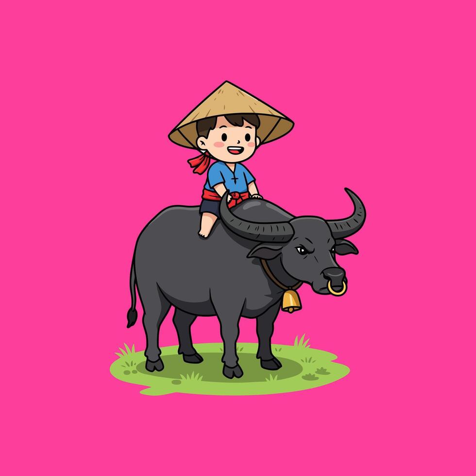 Cute Boy Riding Water Buffalo Cartoon Illustration vector