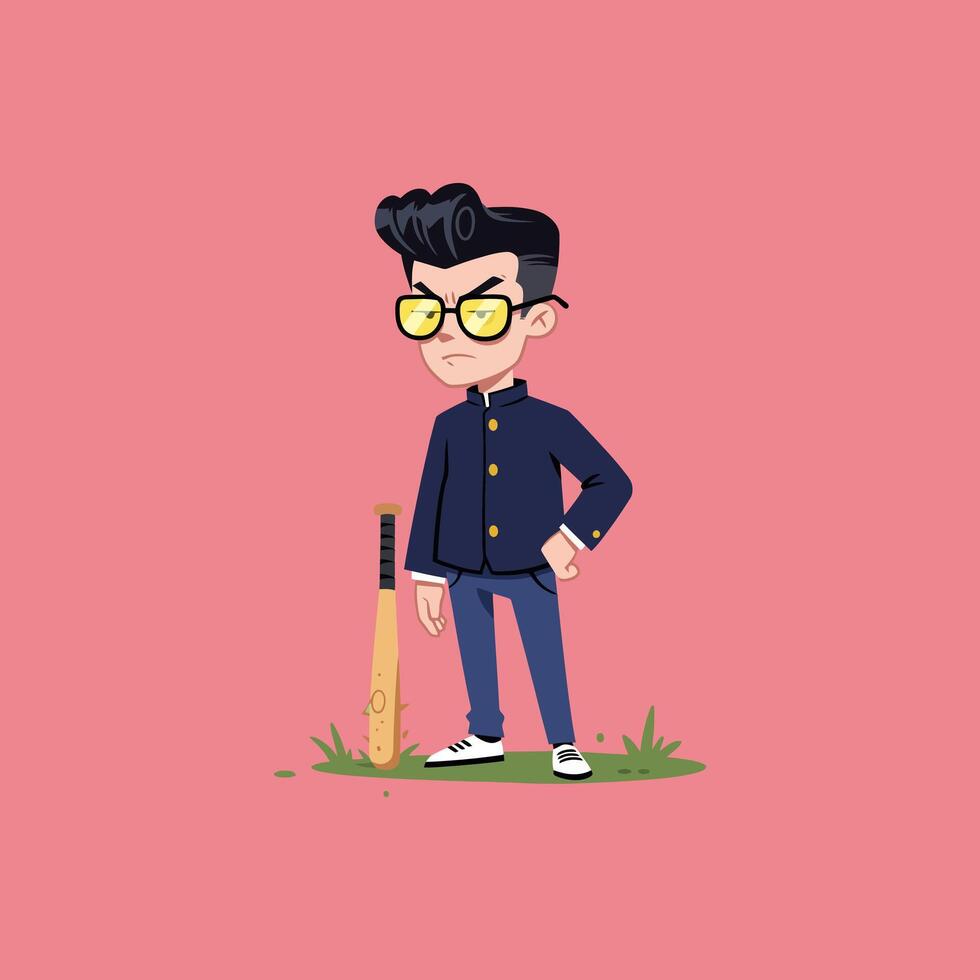 Cool Anime Boy with Bat Cartoon Illustration vector