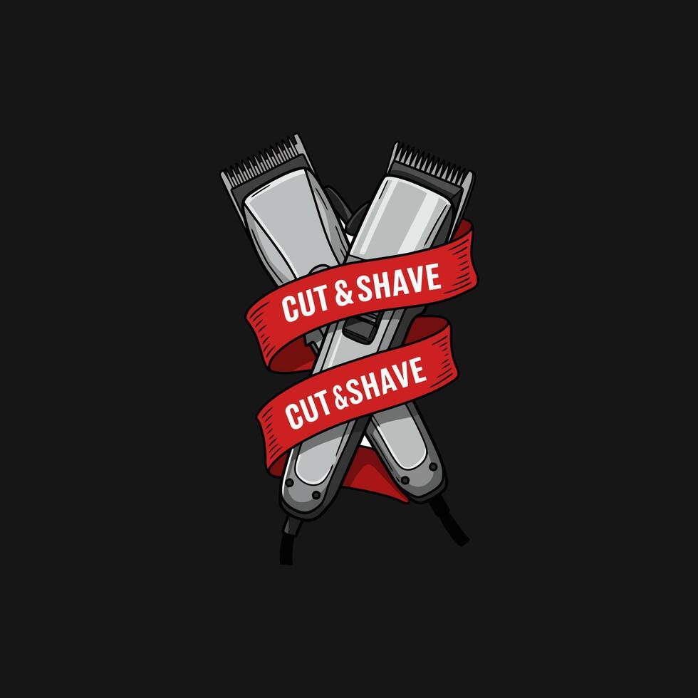 A graphic design featuring two crossed electric razors and a red ribbon with the words Cut and Shave. vector