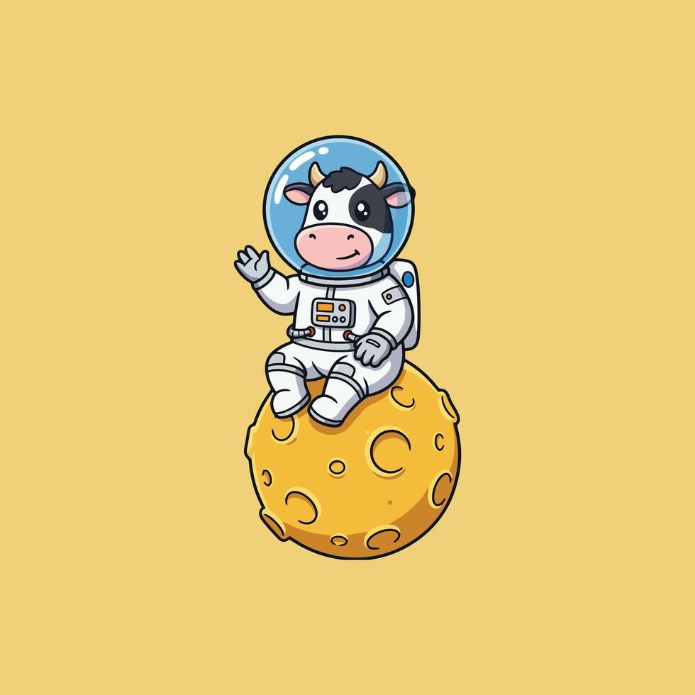 Charming Cow Astronaut Moon Landing Cartoon Illustration vector