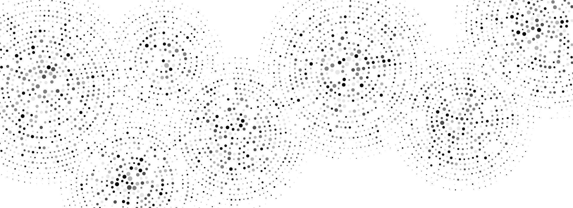 Black dotted concentric circles pattern. Radial halftone abstract wallpaper. Rippled sound wave rings background. Tech circular particles texture for banner, poster, presentation. vector