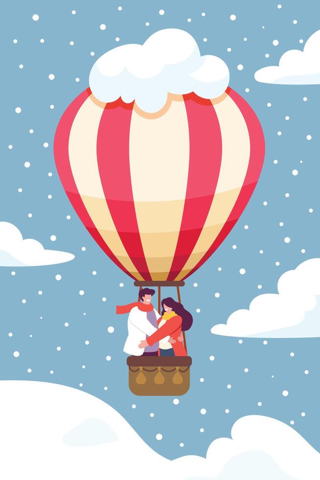 man and woman flying on hot air balloon in winter season vector