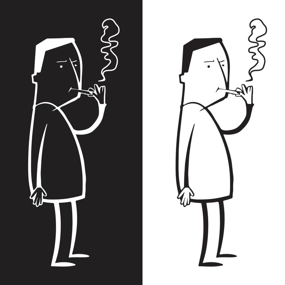 two black and white illustrations of a man smoking a cigarette vector