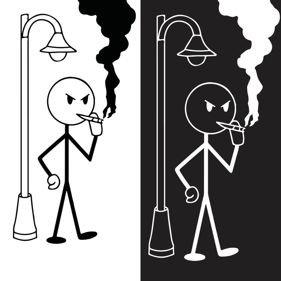 cartoon stick man smoking cigarette and standing next to a street lamp vector