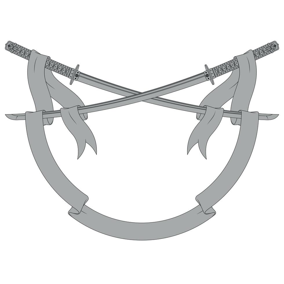 The gleaming blade of an ancient Japanese sword, elegantly adorned with a vibrant ribbon vector