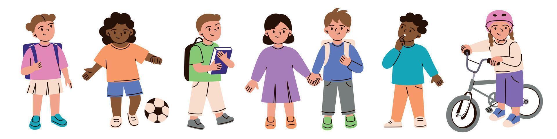 Set of diverse children in casual outfits, playing, talking, and holding hands. Flat cartoon characters, students illustrations with backpacks and books, kids with bicycle, and soccer ball vector