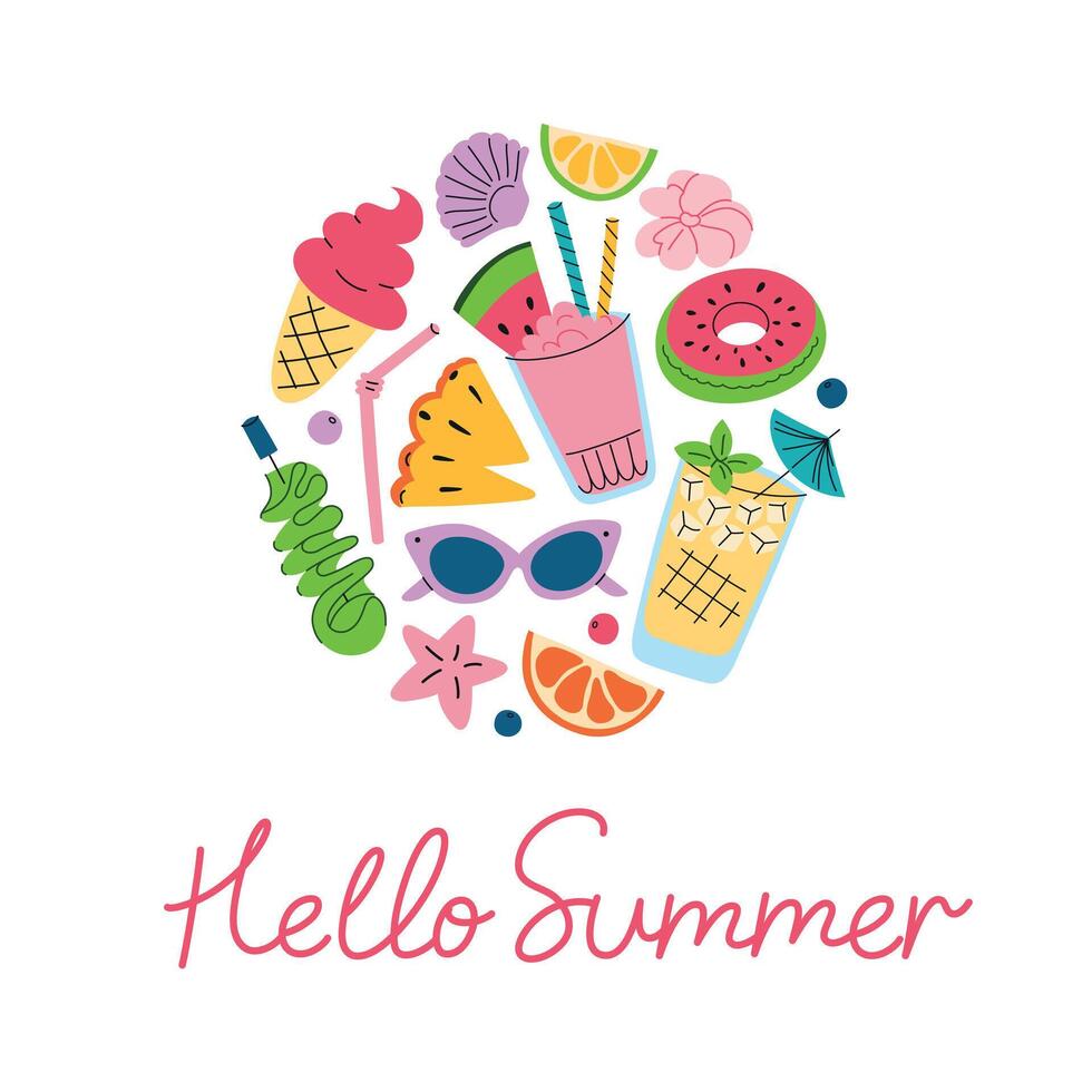 Summer greeting card with tropical drinks, fruits, ice cream, sunglasses, and beach elements. Vectr illustrations of cocktails. Bright and cheerful flat design with Hello Summer hand written text vector
