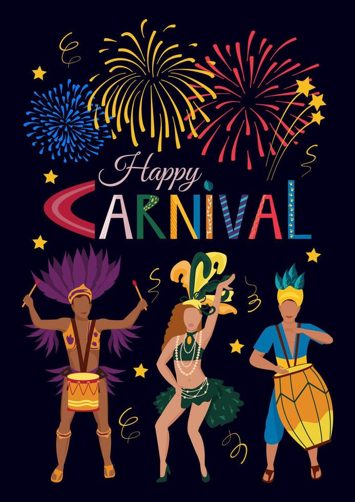 Carnival poster, postcard with samba dancer, drummer and fireworks. Brazilian street carnival. Mardi Gras decoration elements. vector