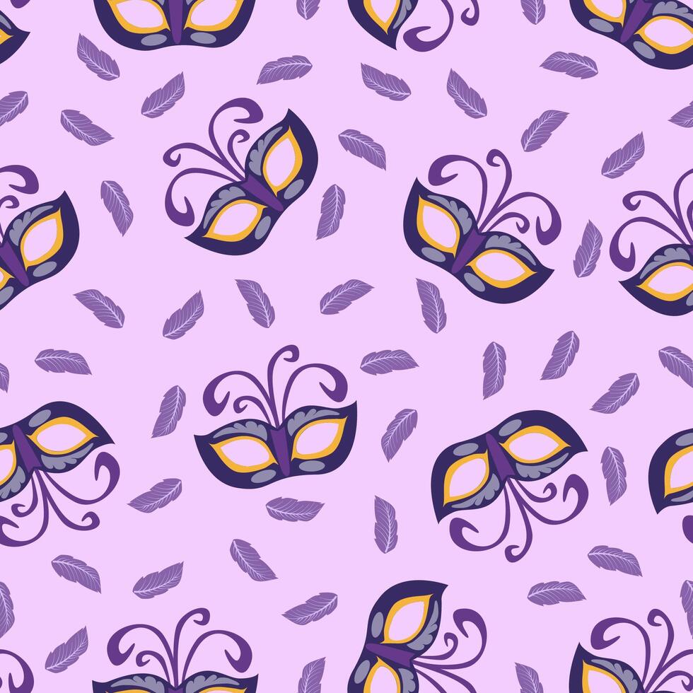Carnival seamless pattern with lilac masks and feathers. Mardi Gras decoration elements. vector