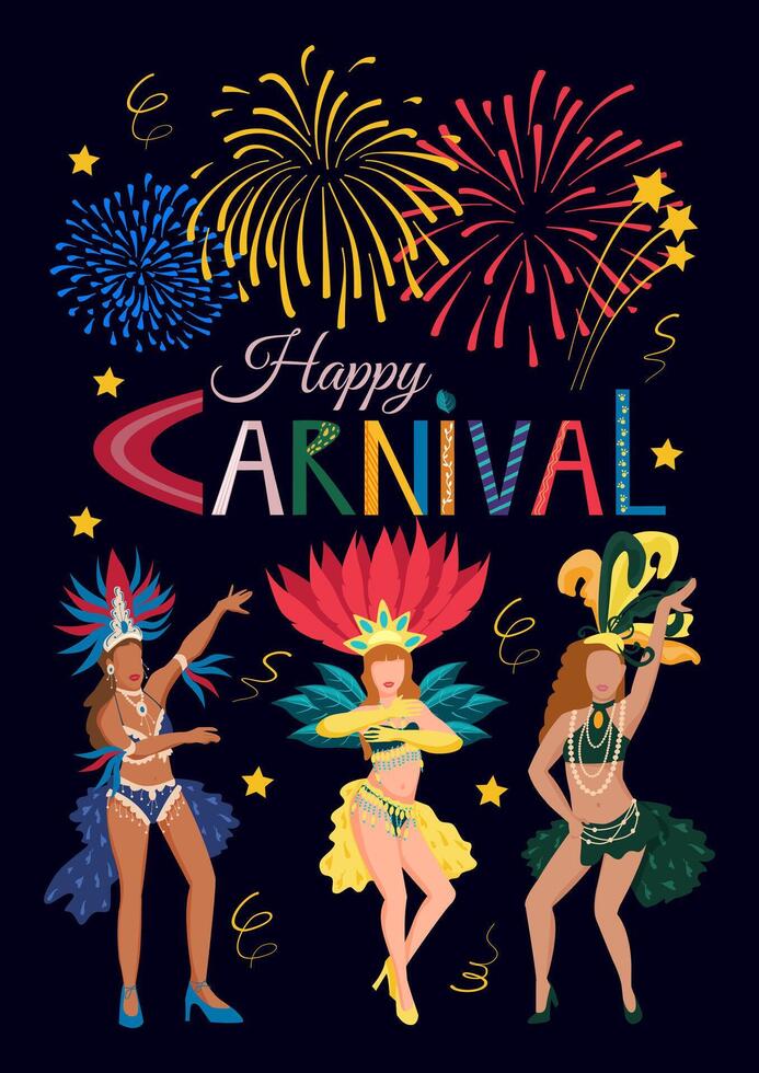 Carnival poster, postcard with samba dancers and fireworks. Brazilian street carnival. Mardi Gras decoration elements. vector