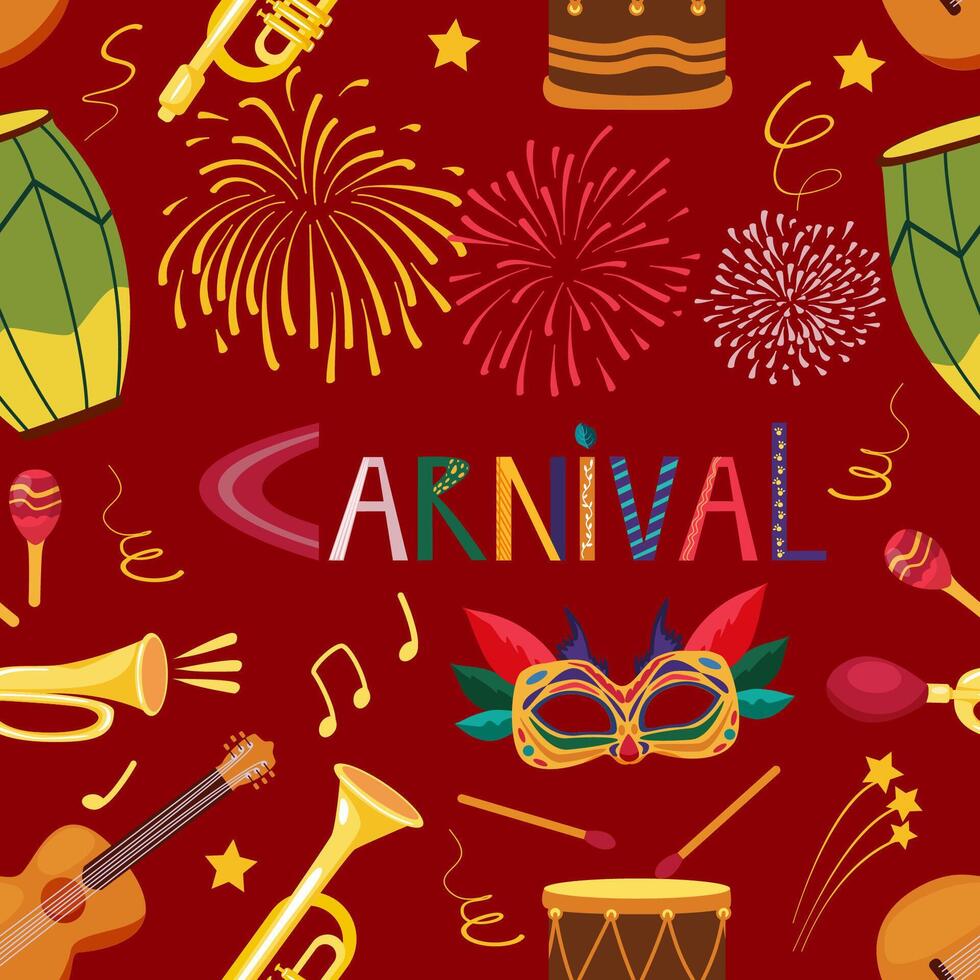 Carnival seamless pattern with musical instruments, mask, fireworks. Mardi Gras decoration elements. vector