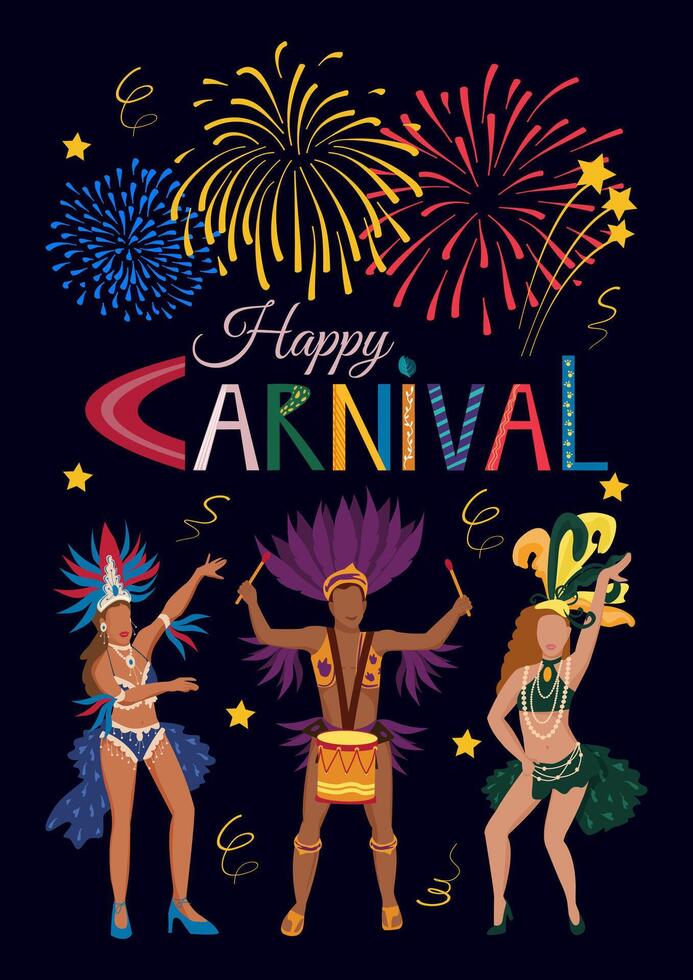 Carnival party flyer. Brazilian street carnival poster, postcard with samba dancers, drummer and fireworks. Mardi Gras decoration elements. vector