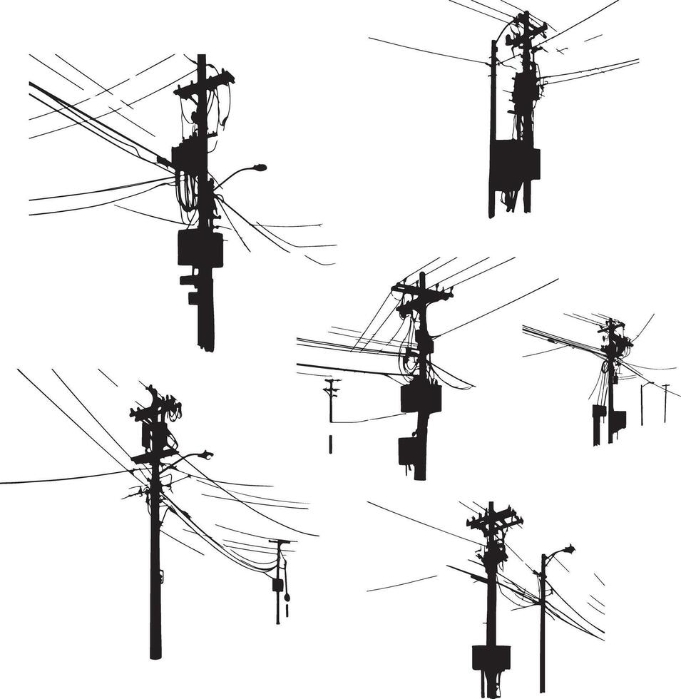 Silhouette of Utility Poles and Wires A collection of stylized, black silhouettes of utility poles and electrical wires. vector