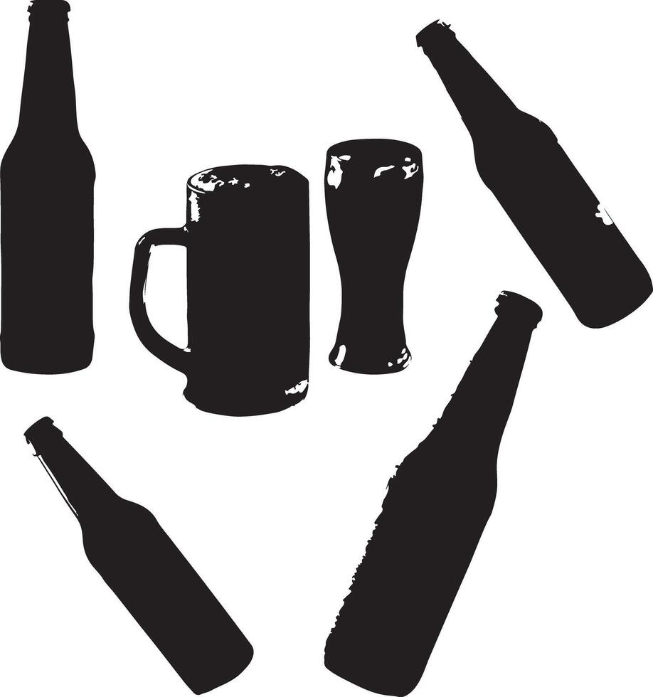 Abstract Black and White Silhouettes of Beer Bottles and Glasses vector