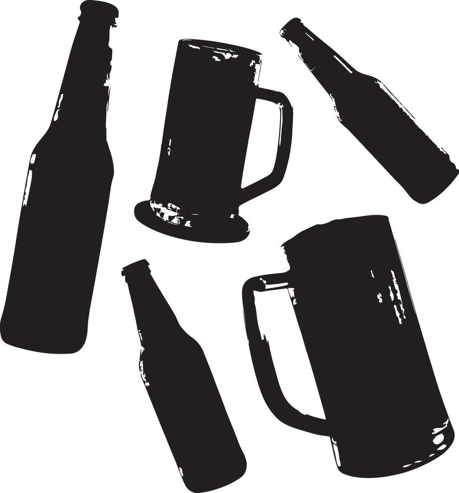 Simple Black Silhouette of Beer Bottles and Glasses This image features a collection of black silhouettes of beer bottles and glasses, set against a plain white background. vector