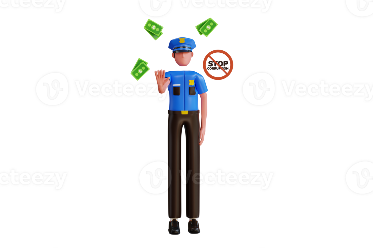 Policeman rejecting bribe 3d illustration. Policeman stops corruption 3d illustration png