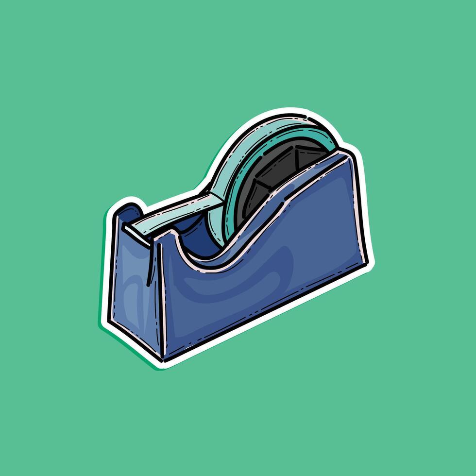 Drawing of a blue tape dispenser with stylized details, showcased on a bright green background. Ideal for use in stationery, office, or art-related themes. vector