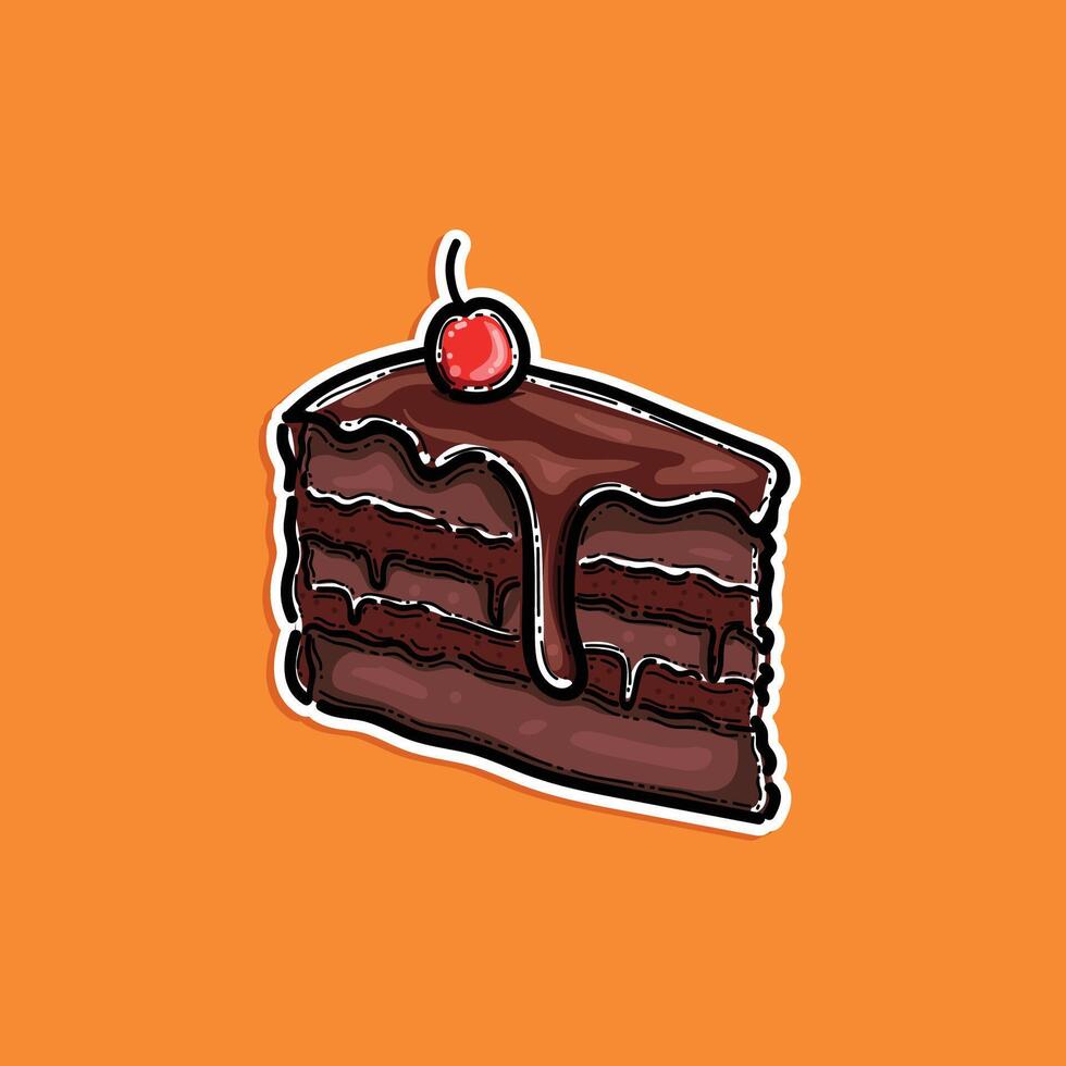 A vibrant illustration of a tasty chocolate cake slice, topped with a bright red cherry, set against an orange background. Perfect for food-themed designs, advertisements, or creative projects. vector