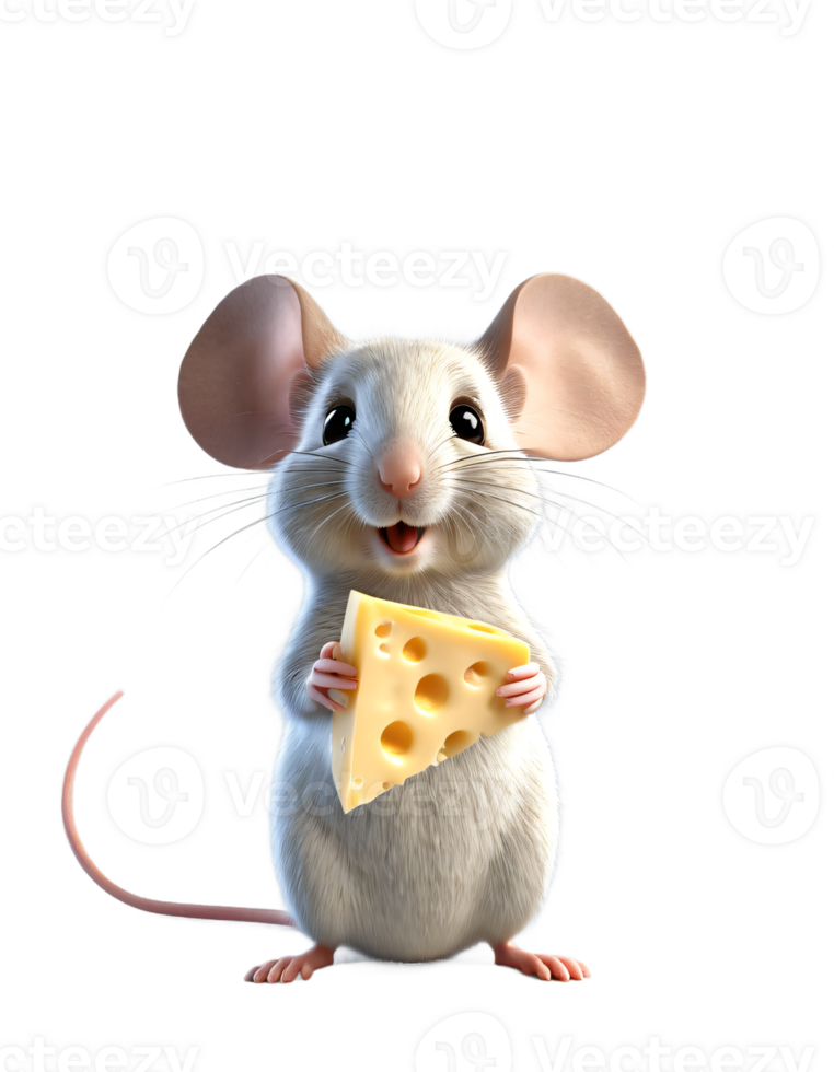 A cute little mouse holding a piece of cheese, Cartoon style, 3d render, transparent wallpaper, isolated, cutout render image, cute cartoon style mouse png