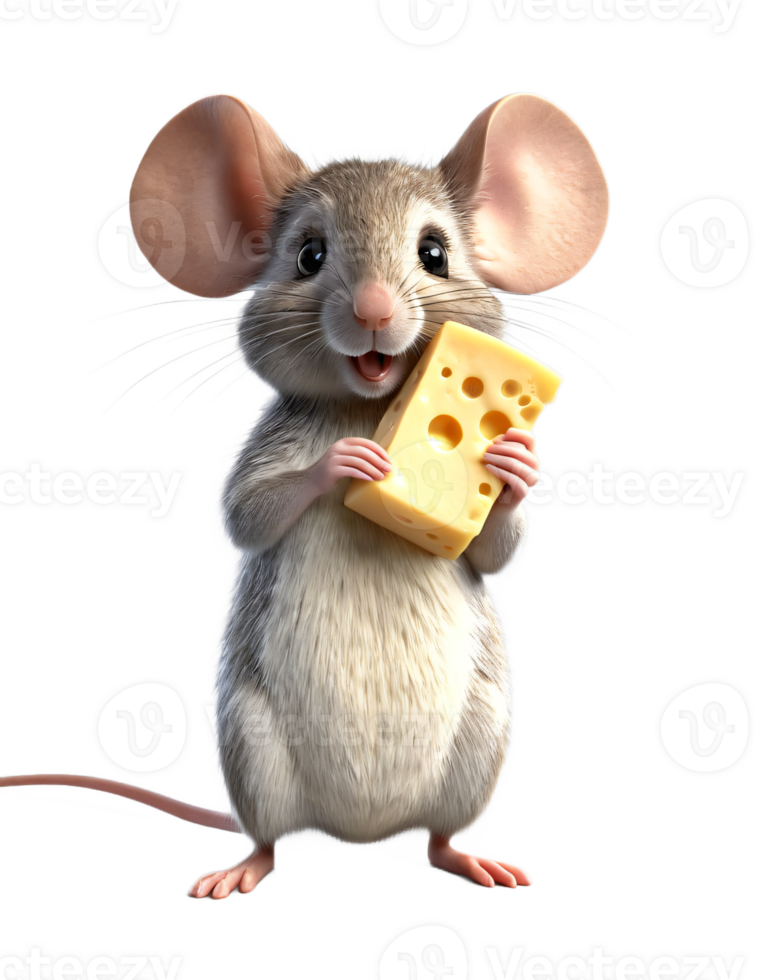 A cute little mouse holding a piece of cheese, Cartoon style, 3d render, transparent wallpaper, isolated, cutout render image. png