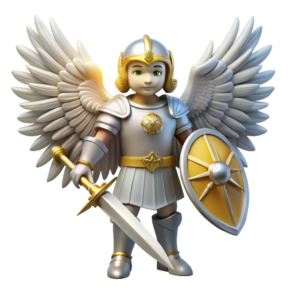 Angelic Warrior Wings Sword Shield - A majestic depiction of a warrior with angelic wings armed with a sword and shield capturing the essence of fantasy and adventure png
