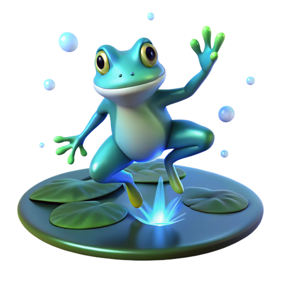Happy Frog Leaping Joyfully on Lily Pads in a Tranquil Pond png