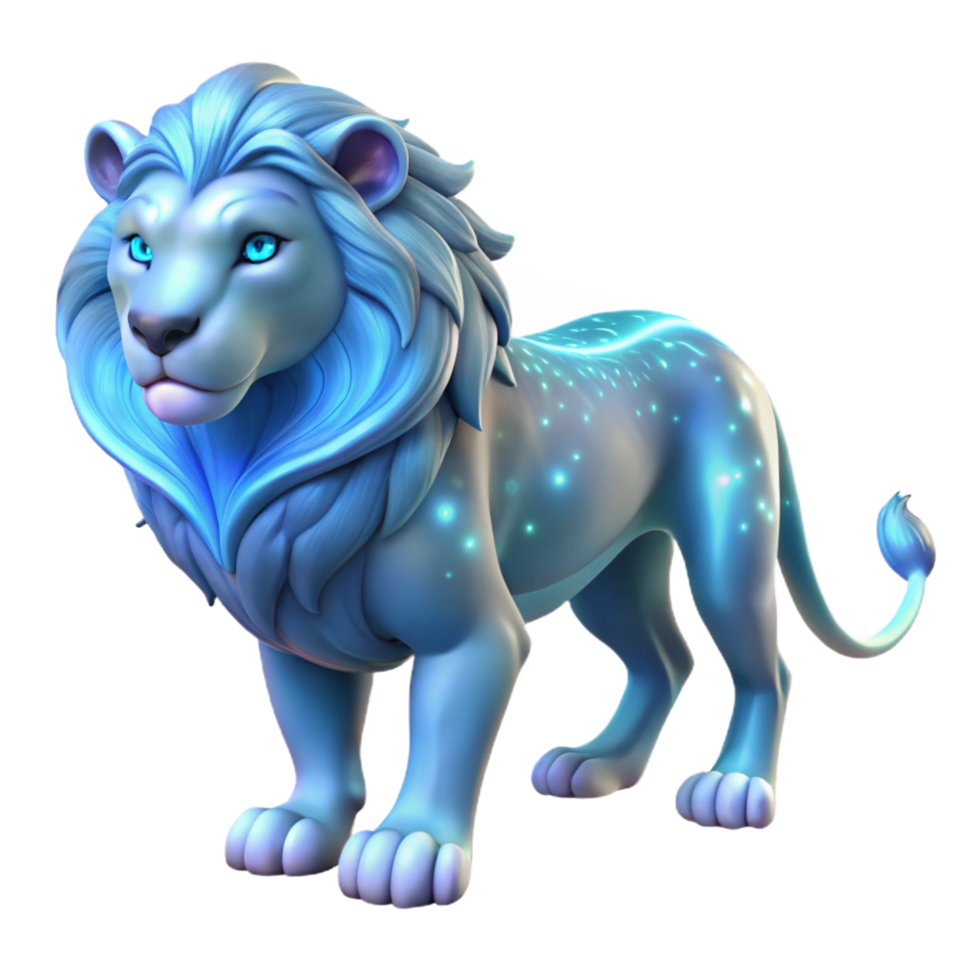 Glowing Blue Lion 3D Render - A luminous 3D render of a lion with glowing blue elements highlighting its mystical and enchanting presence png