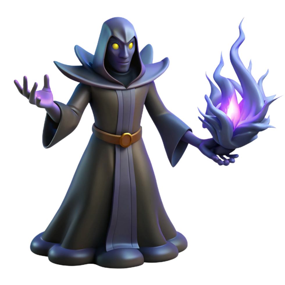 Dark Wizard with Purple Flames in a Haunting Three Dimensional Scene of Enchantment png