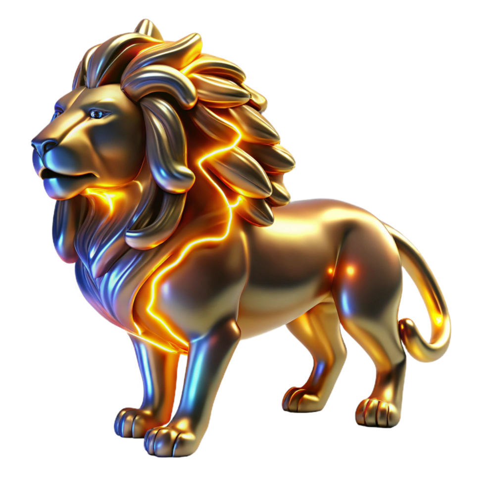 Golden Lion Statue 3D Render - A majestic 3D render of a lion statue crafted in gold highlighting its regal presence and powerful stance png