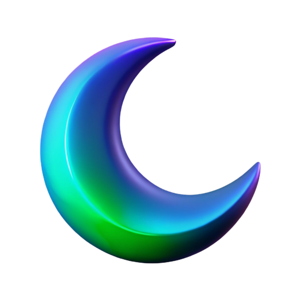 Crescent Moon Iridescent 3D Render - A serene 3D render of a crescent moon with iridescent elements capturing its celestial beauty and ethereal presence png