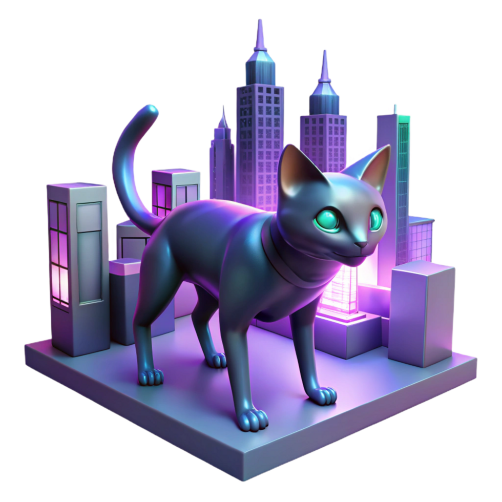 Cyberpunk Cat in Cityscape - A vibrant depiction of a cat in a cityscape with cyberpunk elements highlighting its dynamic and modern aesthetic png