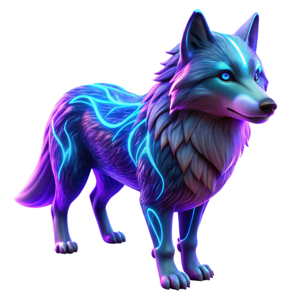 Neon Wolf 3D Render - A vibrant 3D render of a wolf illuminated with neon colors highlighting its dynamic and modern aesthetic png