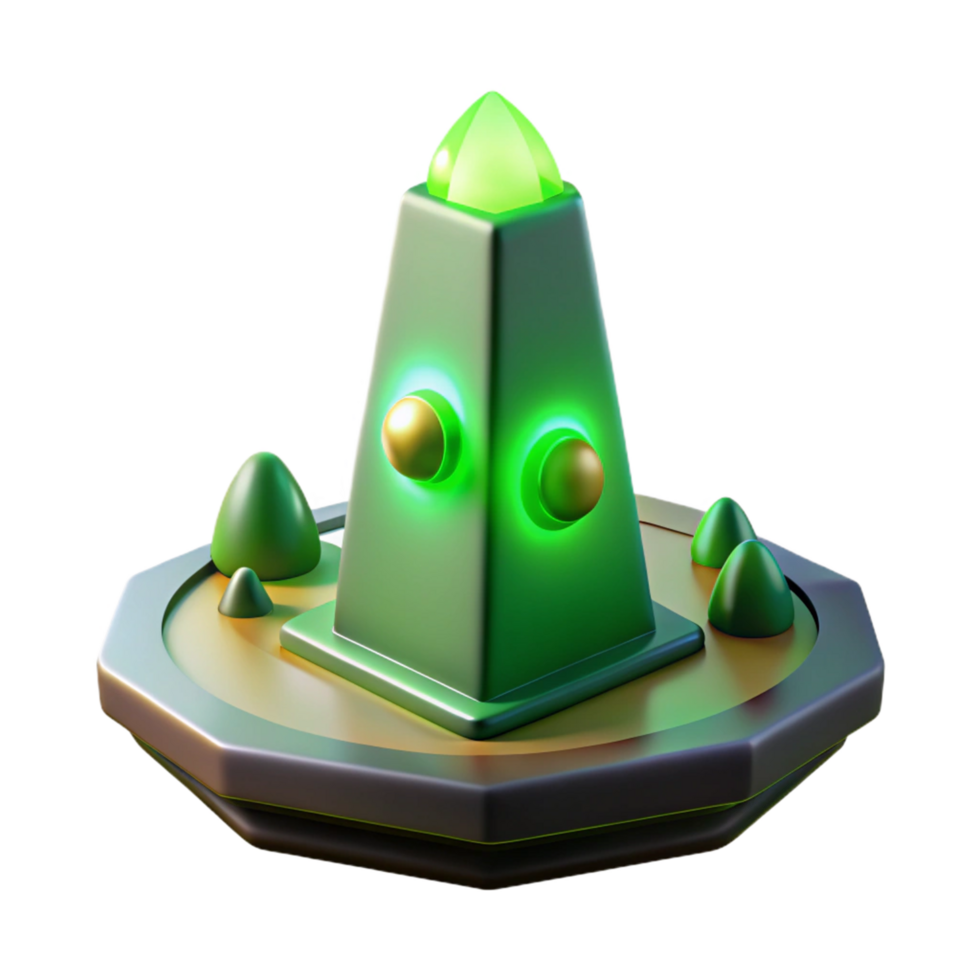 Glowing Green Pyramid on Platform - A futuristic 3D render of a glowing green pyramid resting on a platform emphasizing its mysterious and advanced design png