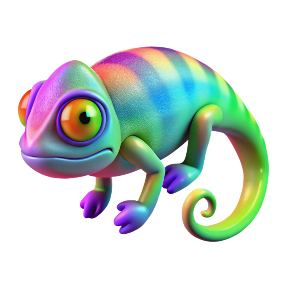 Rainbow Chameleon 3D Cartoon Art - A vibrant depiction of a chameleon with rainbow colors in a cartoon style highlighting its dynamic and eye-catching appearance png