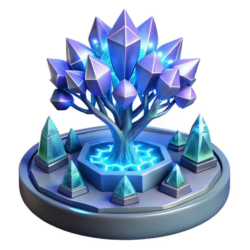 Glowing Crystal Tree with Shimmering Leaves and Mystical Design png