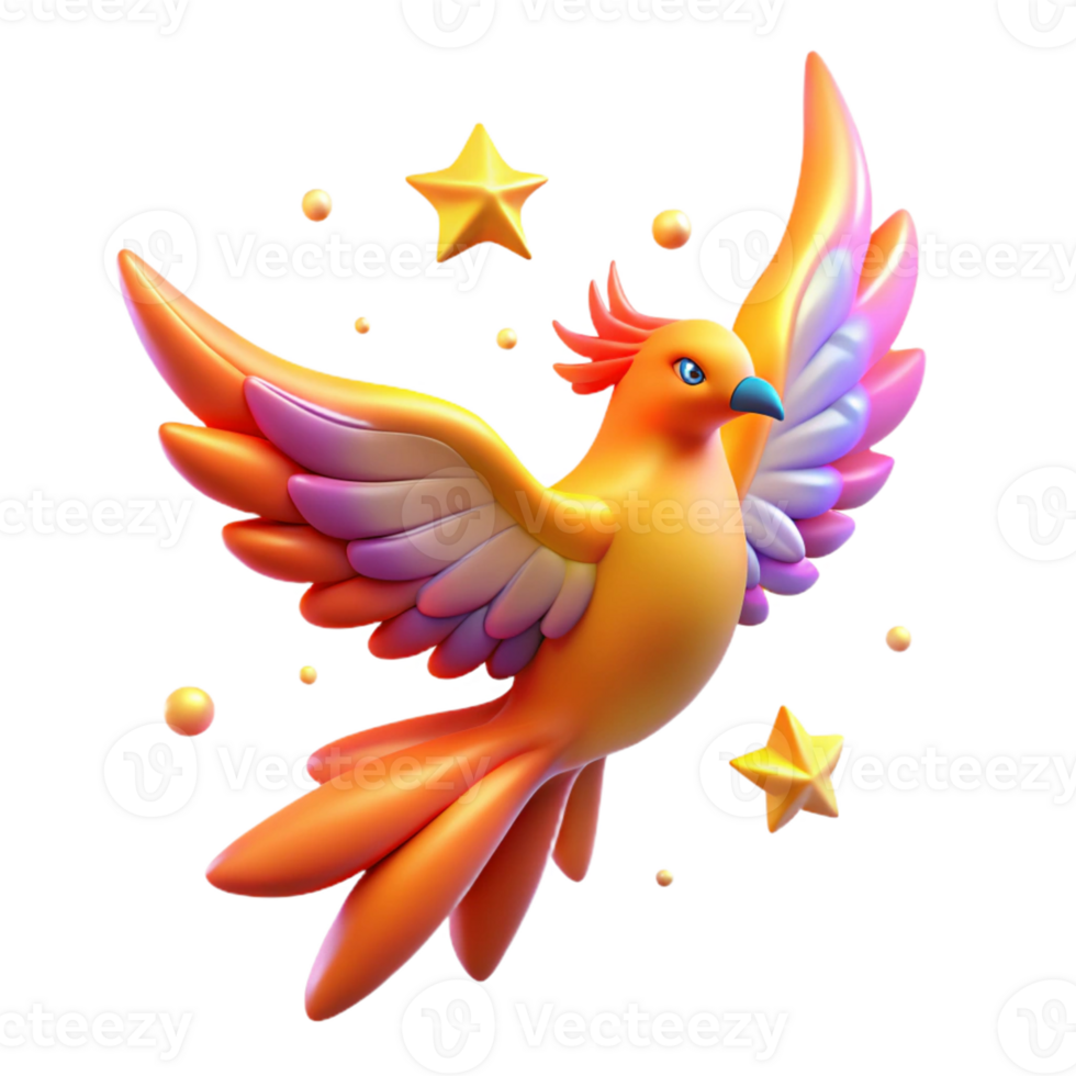 3D Fantasy Bird with Stars - A whimsical depiction of a bird with stars capturing its magical atmosphere and enchanting presence png
