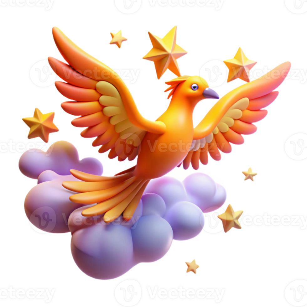 Magical Bird on Clouds with Stars - A mystical depiction of a bird resting on clouds with stars capturing its enchanting presence and celestial beauty png