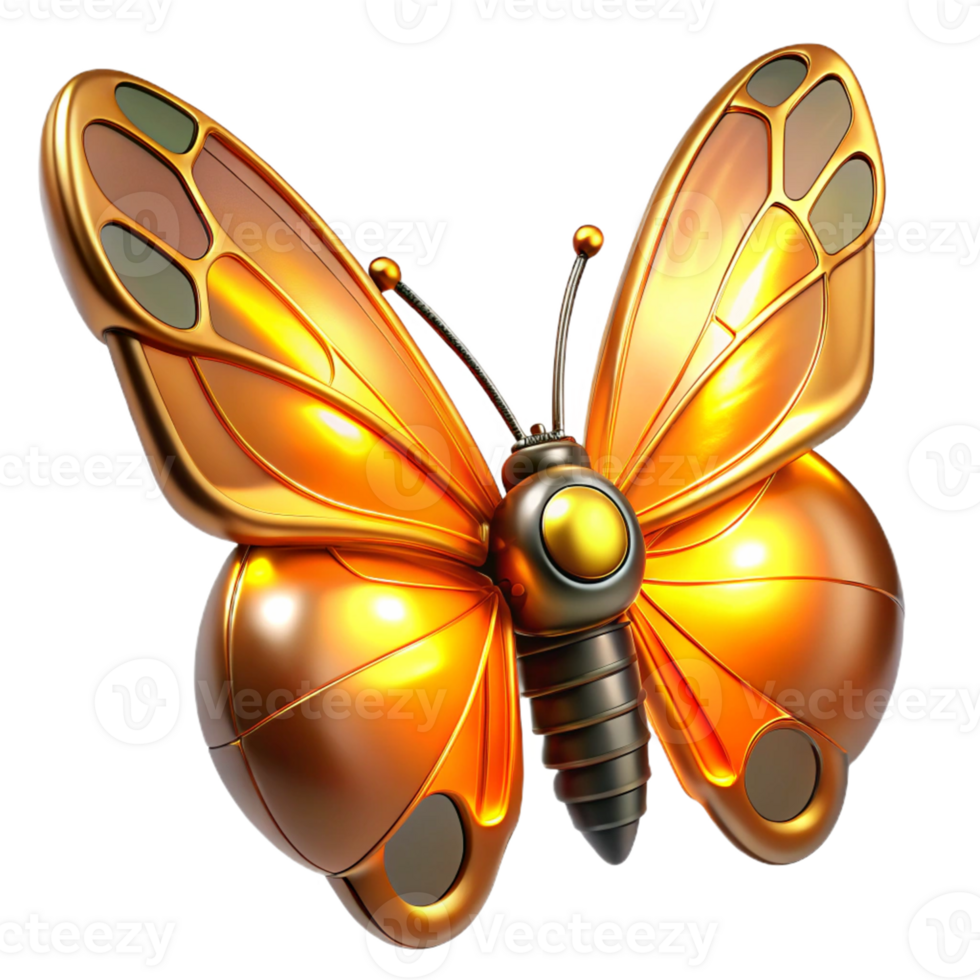 Golden Robotic Butterfly in a Futuristic Three Dimensional Scene of Design png