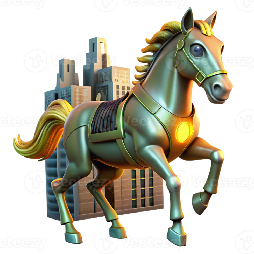 Metallic Horse Cityscape - A futuristic depiction of a metallic horse navigating through a cityscape blending advanced technology with urban elements png
