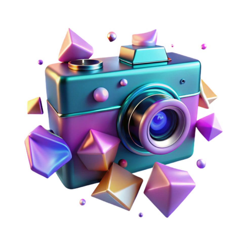 Vibrant 3D Render of a Retro Camera with Geometric Shapes png