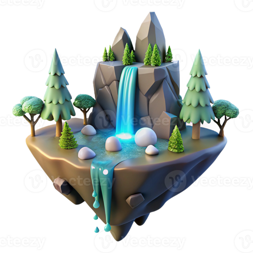 Floating Island Waterfall Three Dimensional Render in a Majestic Scene of Nature png